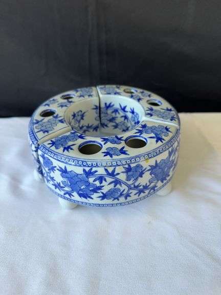Blue and White Patterned Floral Arranger, Vase, Measuring Cups, (2) Corks, and Dish