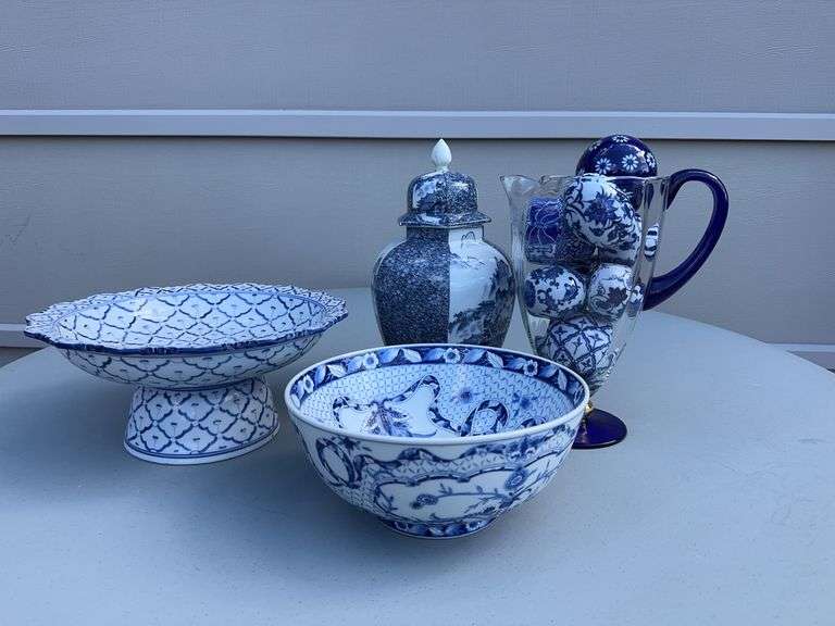 White and Blue Bowl, Porcelain Eggs, Glass Balls, Pitcher and a Spice Jar