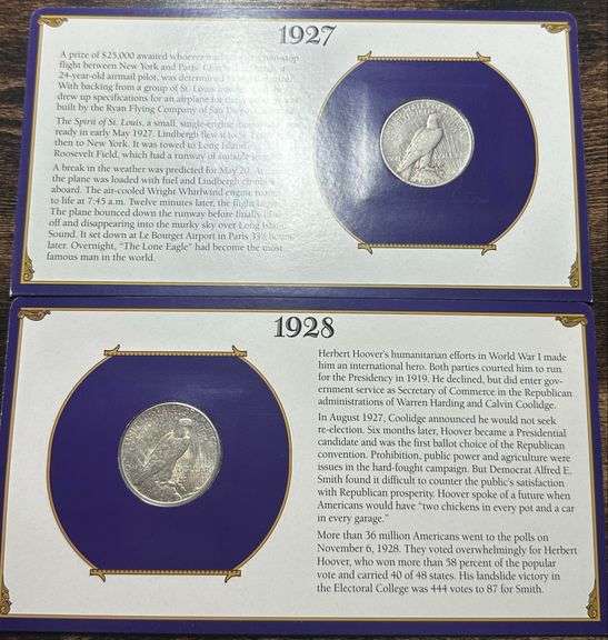 Lot of Two (2) Peace Silver Dollars with Commemorative Cards & Stamps