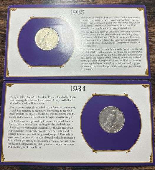 Lot of Two (2) Peace Silver Dollars with Commemorative Cards & Stamps