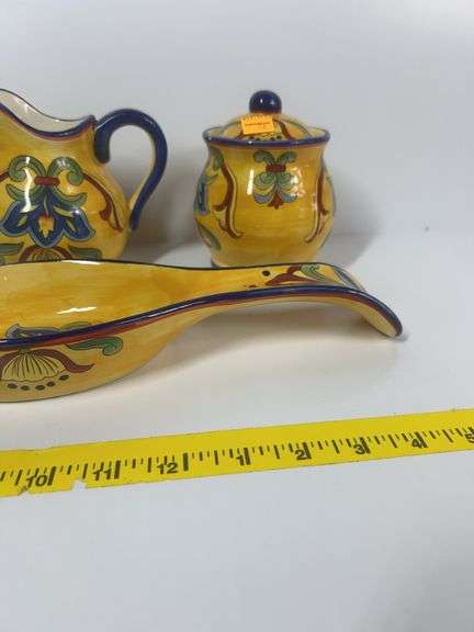 Maxcera Yellow Talavera Creamer and Sugar Pots, Spoon Rest