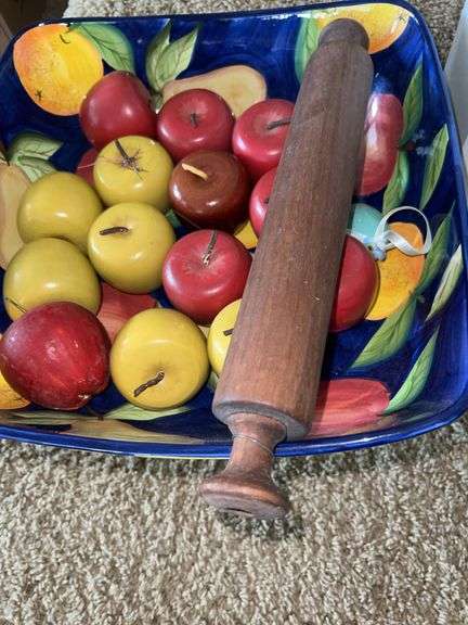 Tabletops Unlimited Orchard Fruit Pedestal Bowl with Wooden Apples and Wooden Rolling Pin