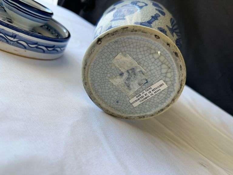 Blue and White Patterned Floral Arranger, Vase, Measuring Cups, (2) Corks, and Dish