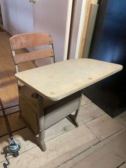 Vintage school desk and 8.5' fishing pole