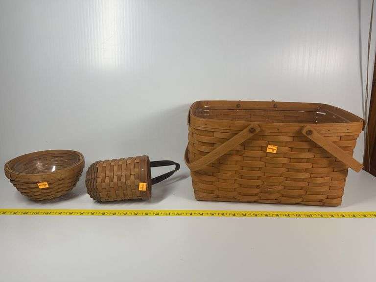 Longaberger Large Market Basket, Longaberger Leather Strap Hanging Basket, Longaberger Woven Bowl