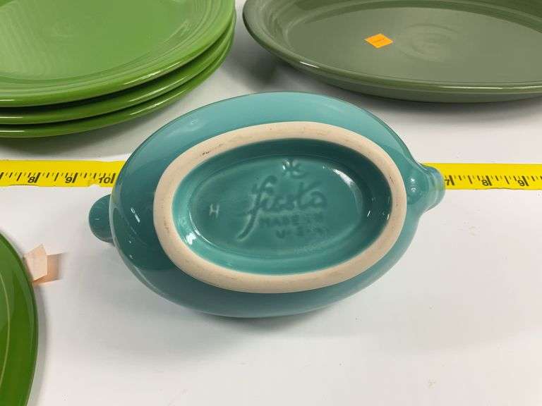 (5) Green Fiesta Ware Plates, Fiesta Ware Platter, Gravy Bowl