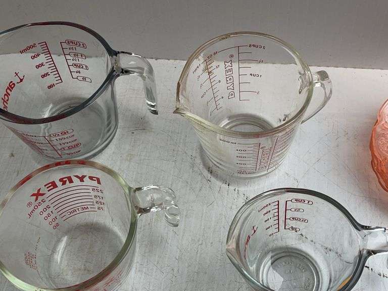 Pyrex & Anchor Hocking Measuring Cups and Depression Era Saucers