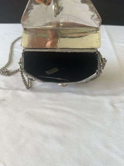 (3) Crystal Candle Holders, Blue Patterned Tray, misc. Perfumes l, Metal Purse, and other misc.