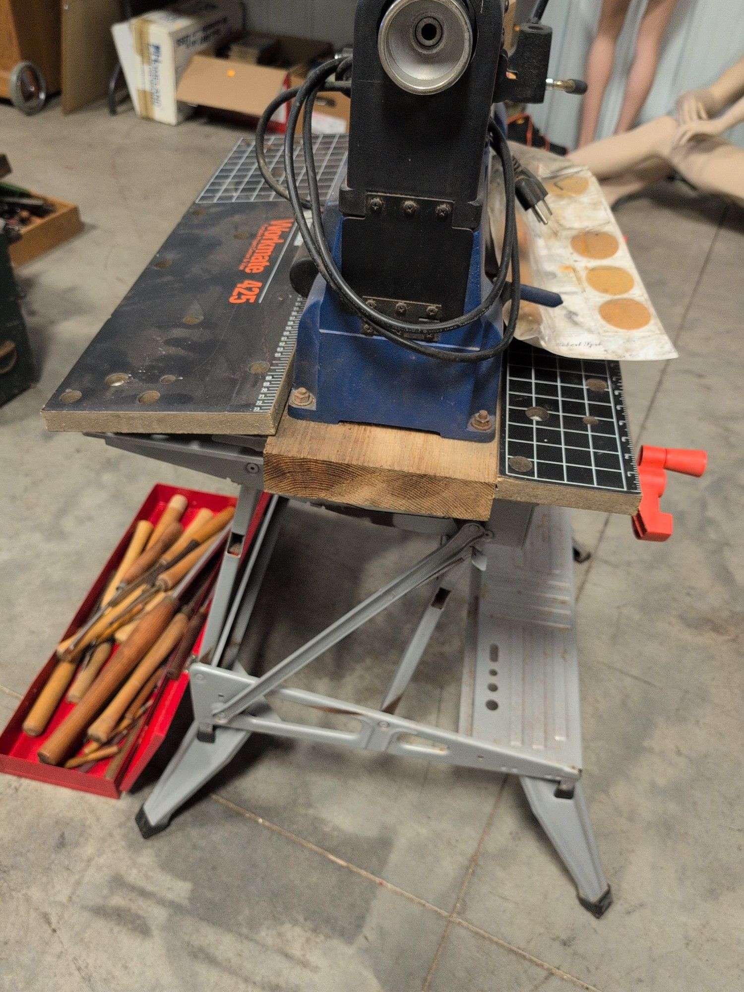 Fisch wood lathe machine, Black and Decker workmate, lathe bits, and woodworking tools