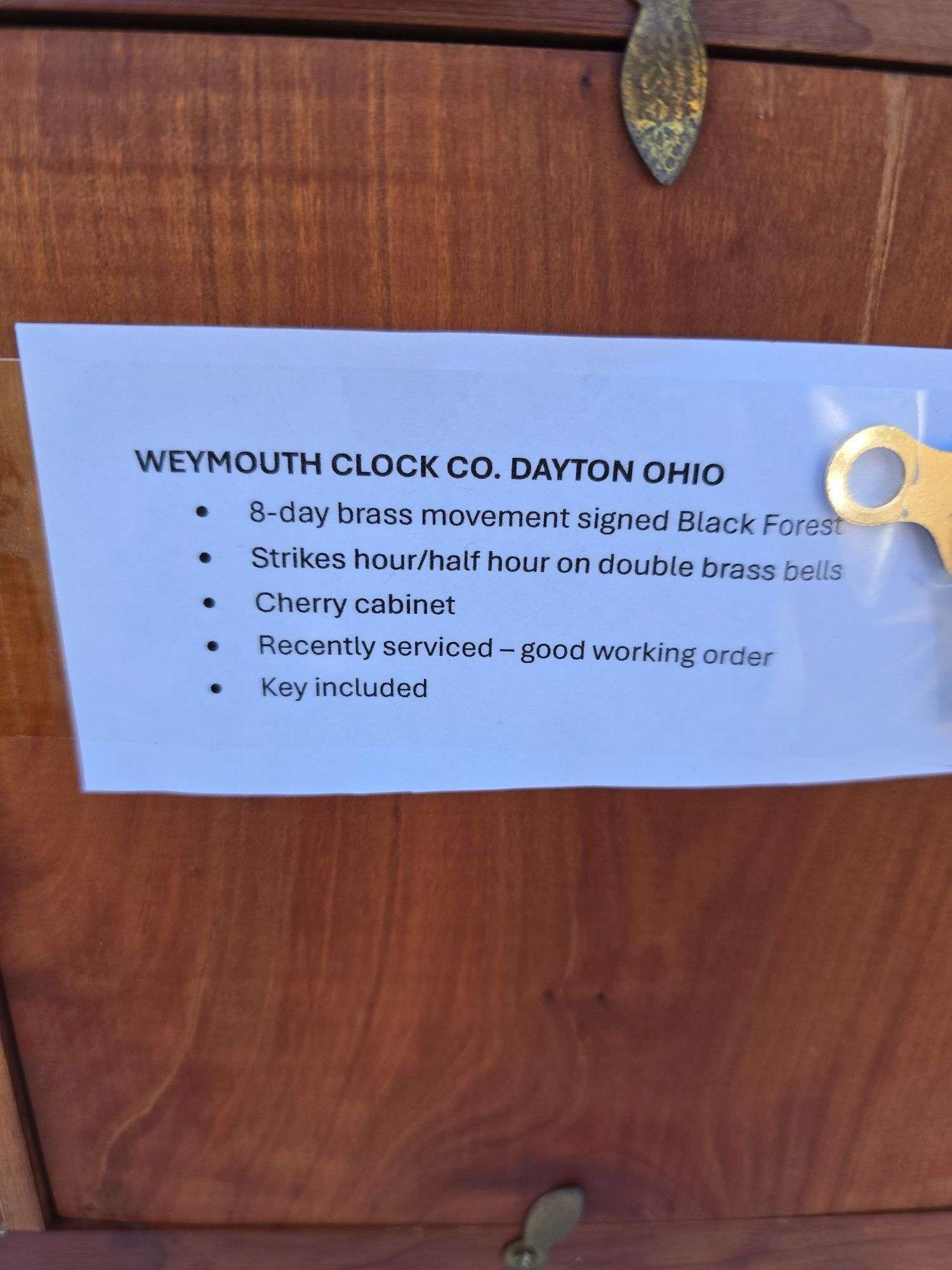 WEYMOUTH CLOCK CO. 8 DAY WINDUP MANTLE CLOCK WORKS