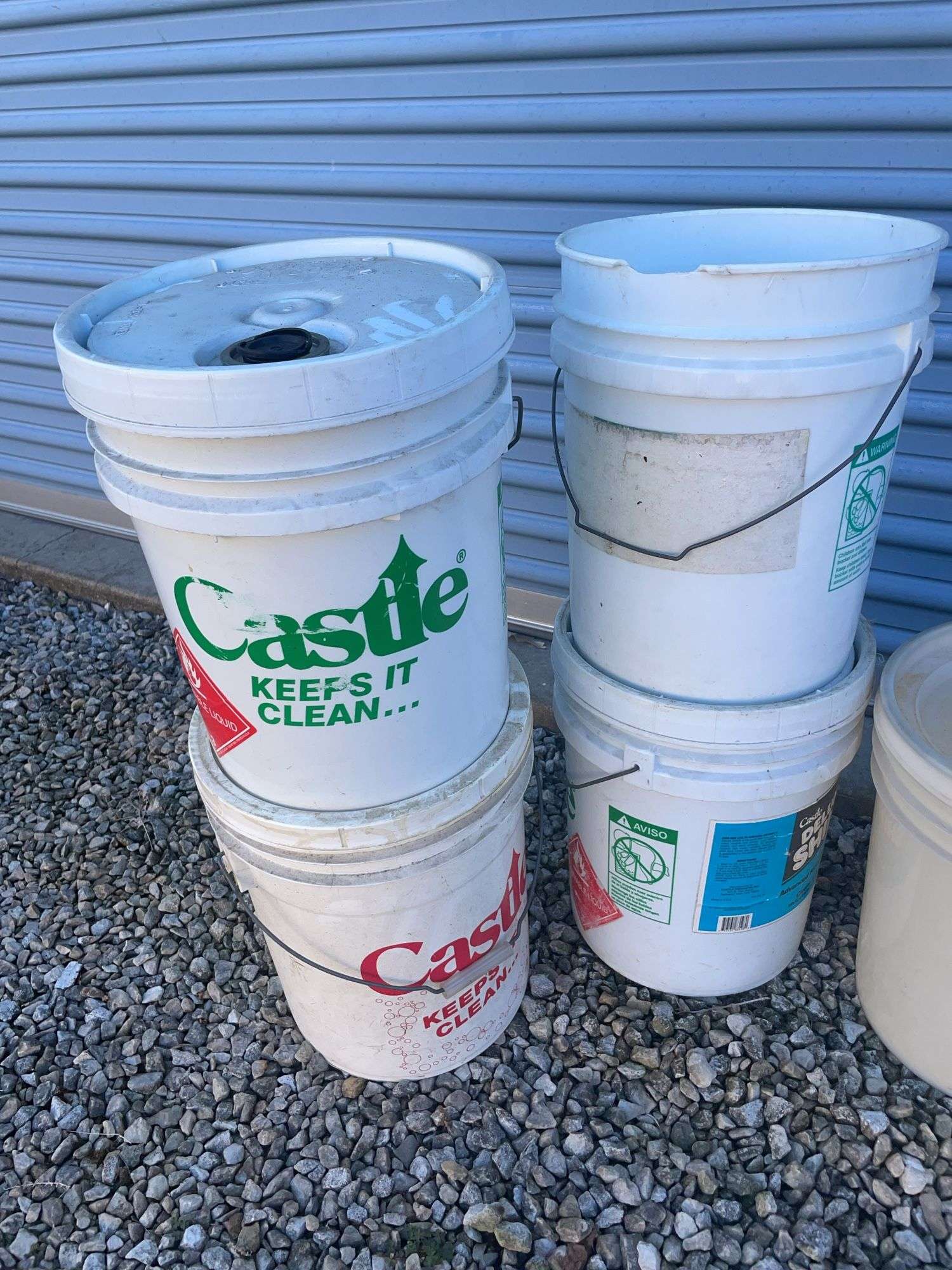 Large assortment of buckets for cleaners & misc.