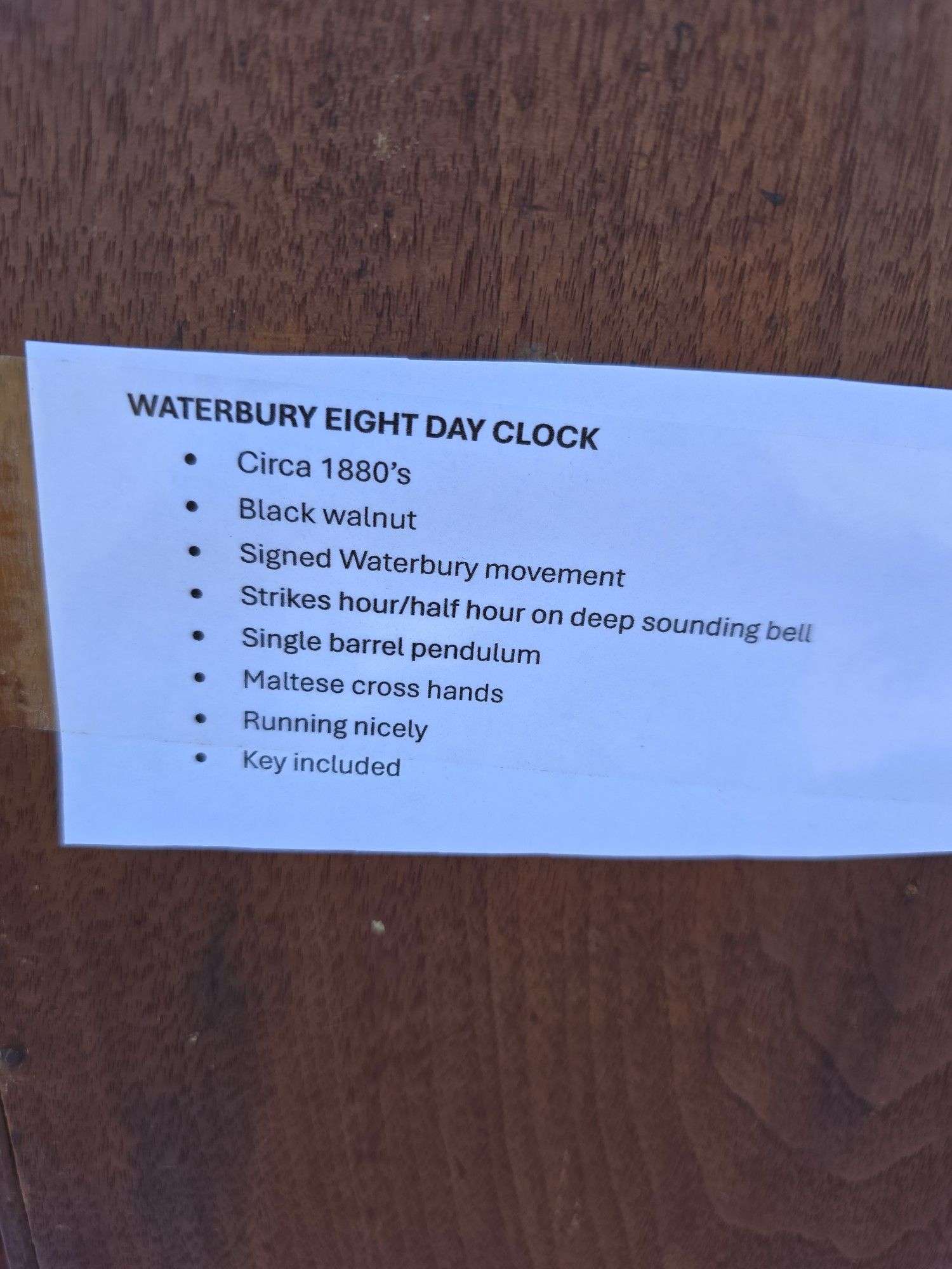 1880'S WATERBURY 8 DAY MANTLE CLOCK WORKS