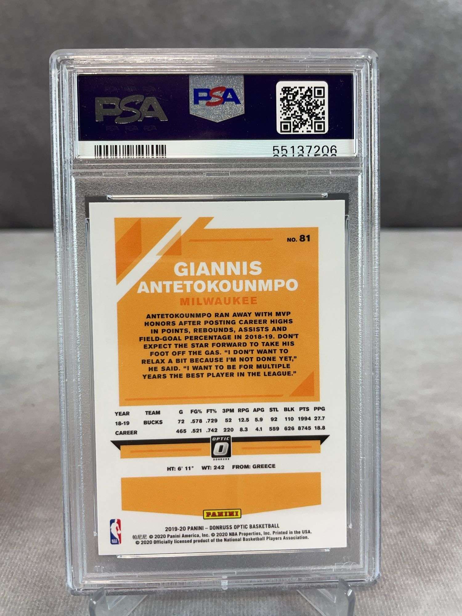 2019 Optic #81 Giannis Antetokounpo PSA 10