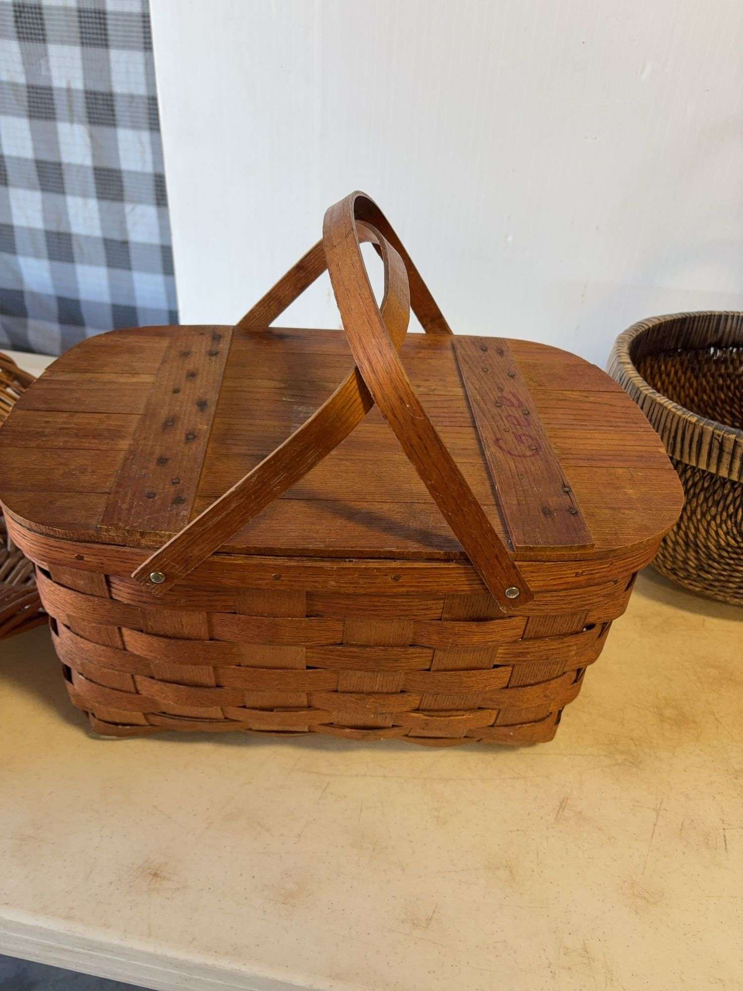 (4) baskets and wooden barrel - various types and sizes