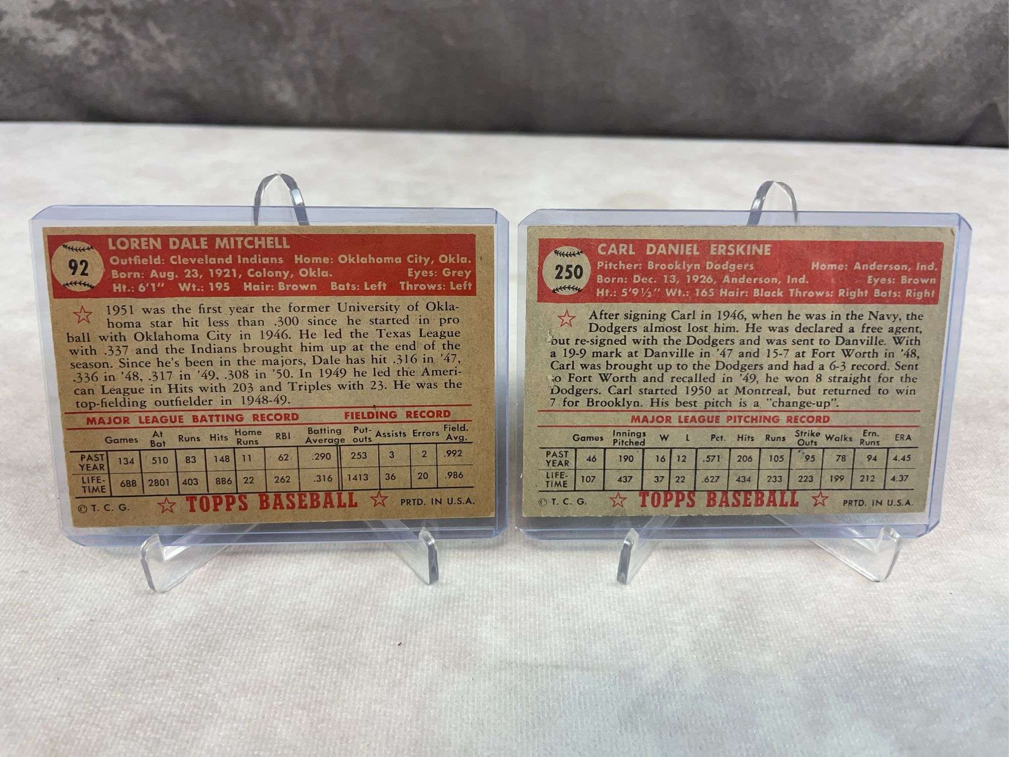 1952 Topps Carl Erskine & Dale Mitchell Cards