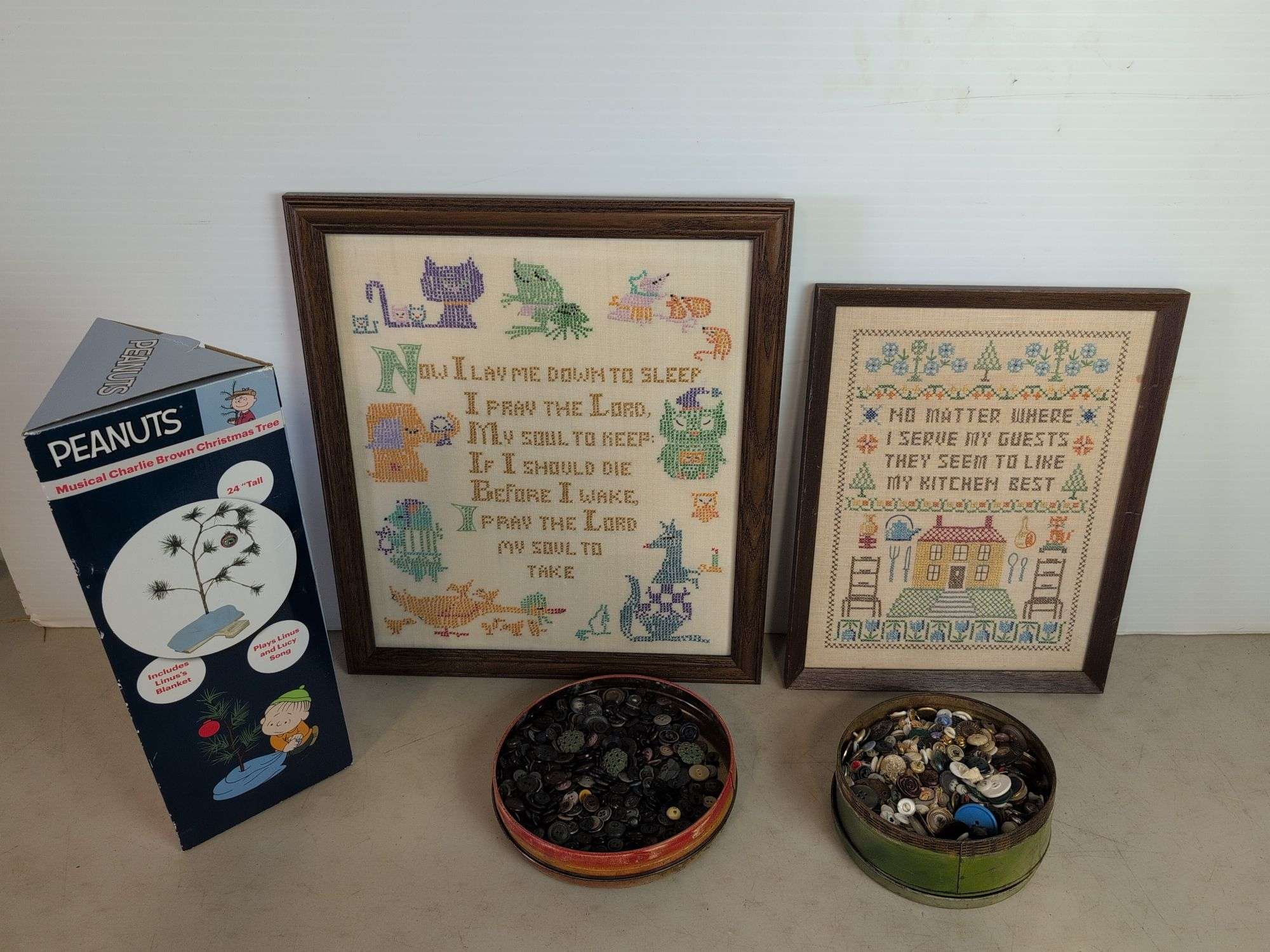 Buttons, Charlie Brown Christmas Tree, and (2) stitched signs