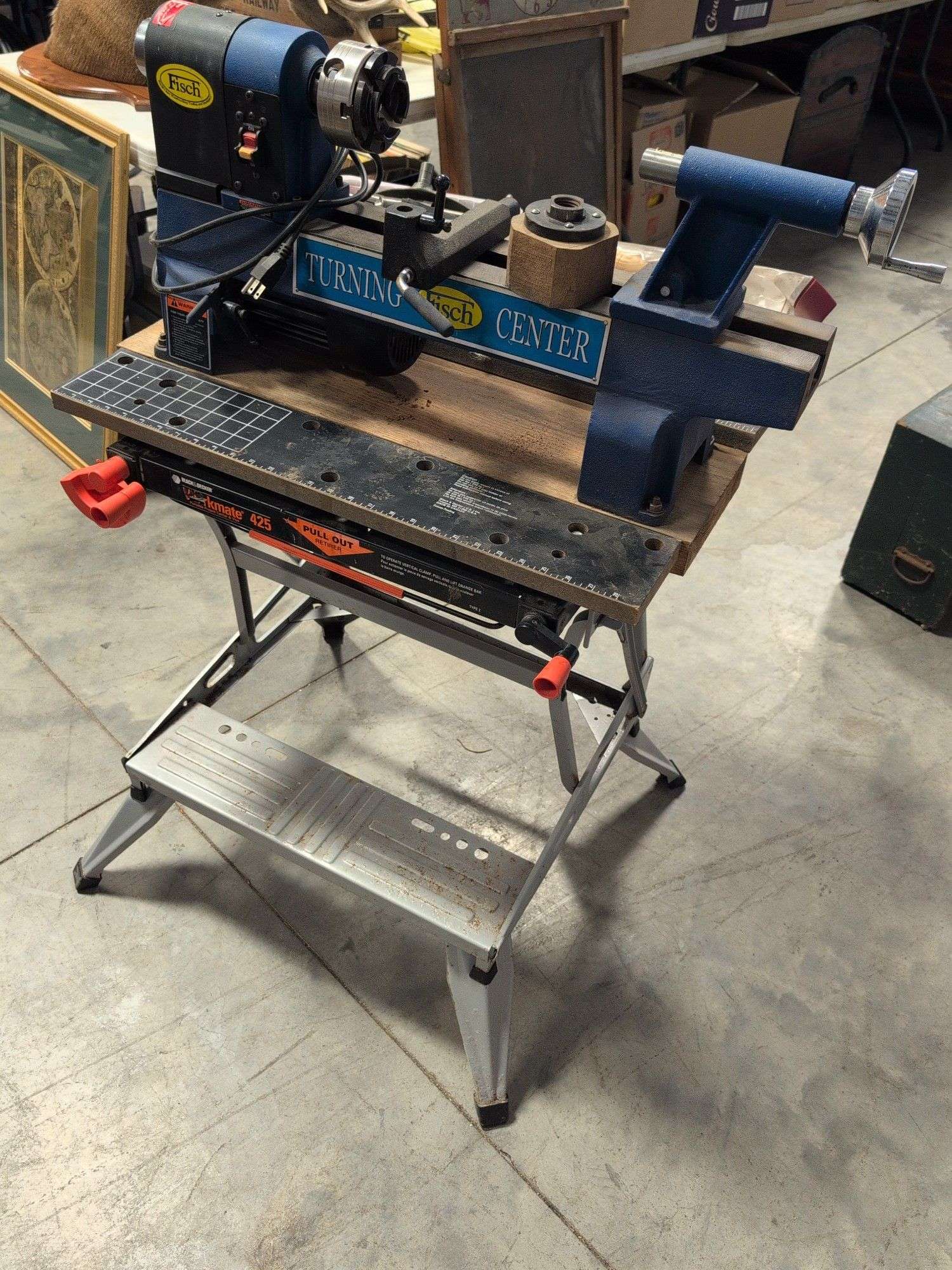 Fisch wood lathe machine, Black and Decker workmate, lathe bits, and woodworking tools
