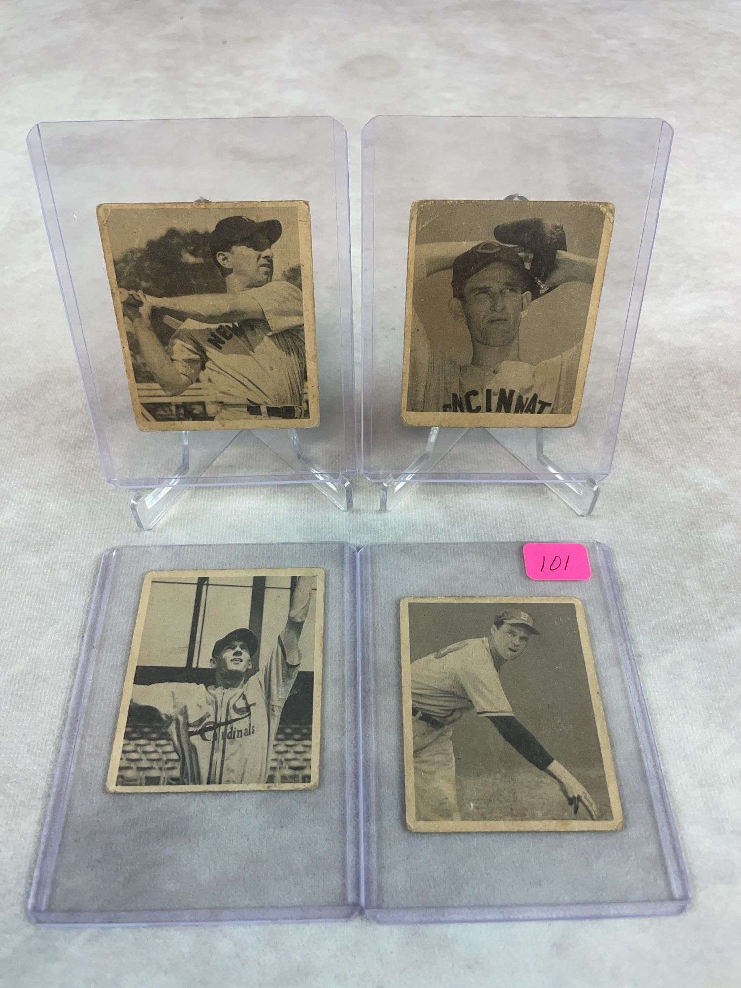 1948 Bowman baseball lot of 4: Johnny Sain, Marion, Blackwell, Tommy Henrich