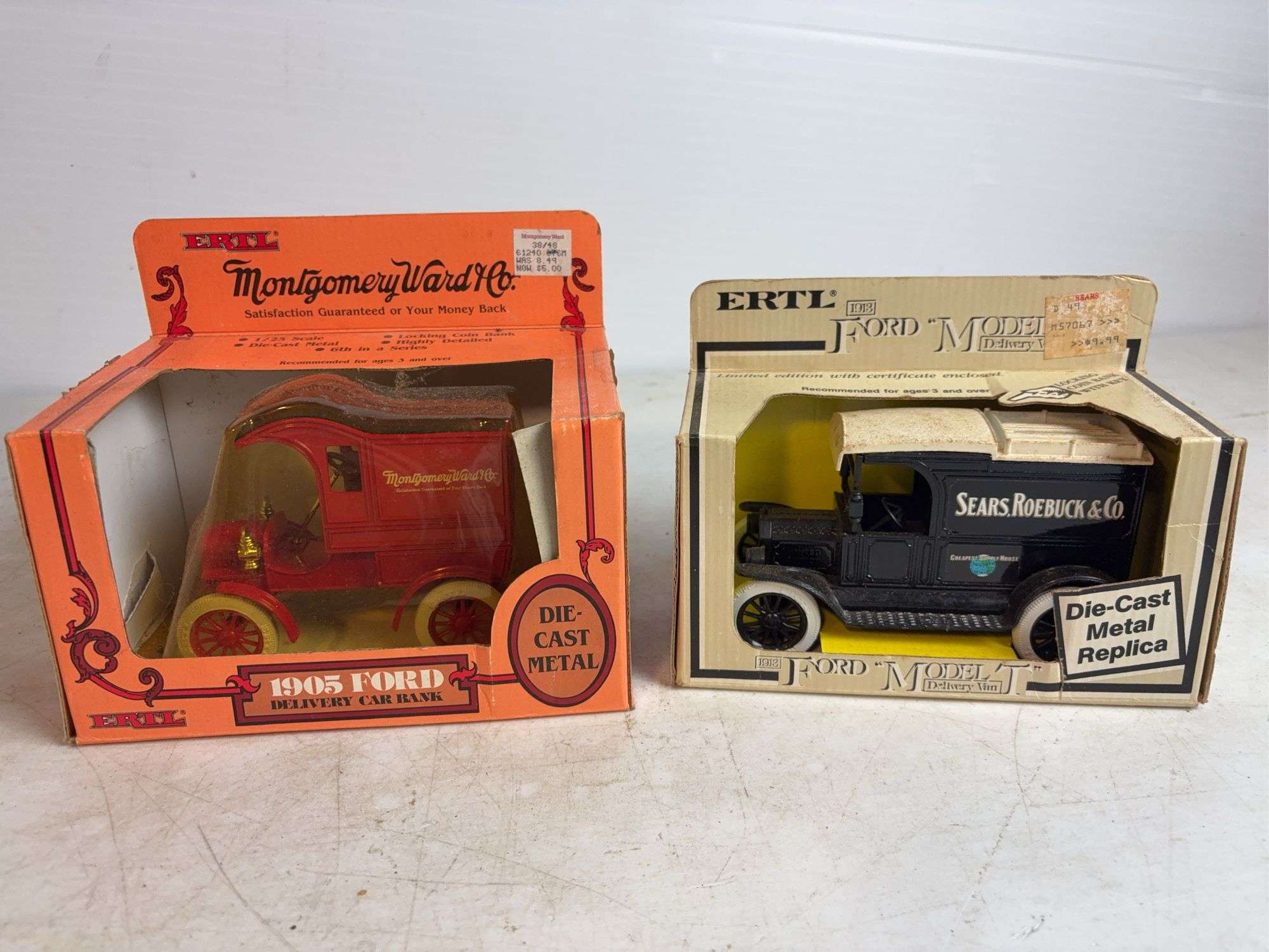 (2) Ford diecast model delivery vehicle coin banks - 1/25 scale, dirty