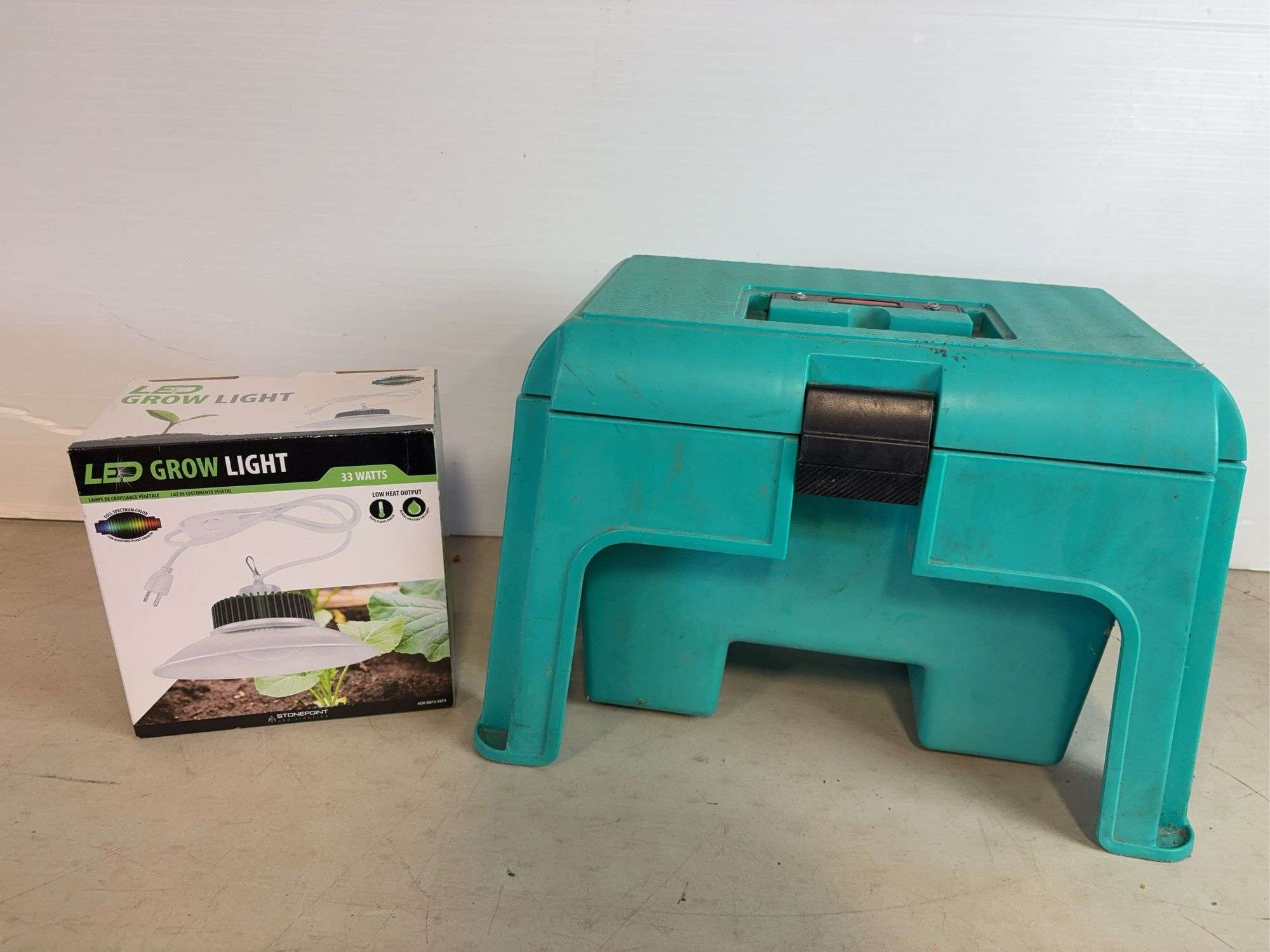 Rubbermaid step stool and LED grow light