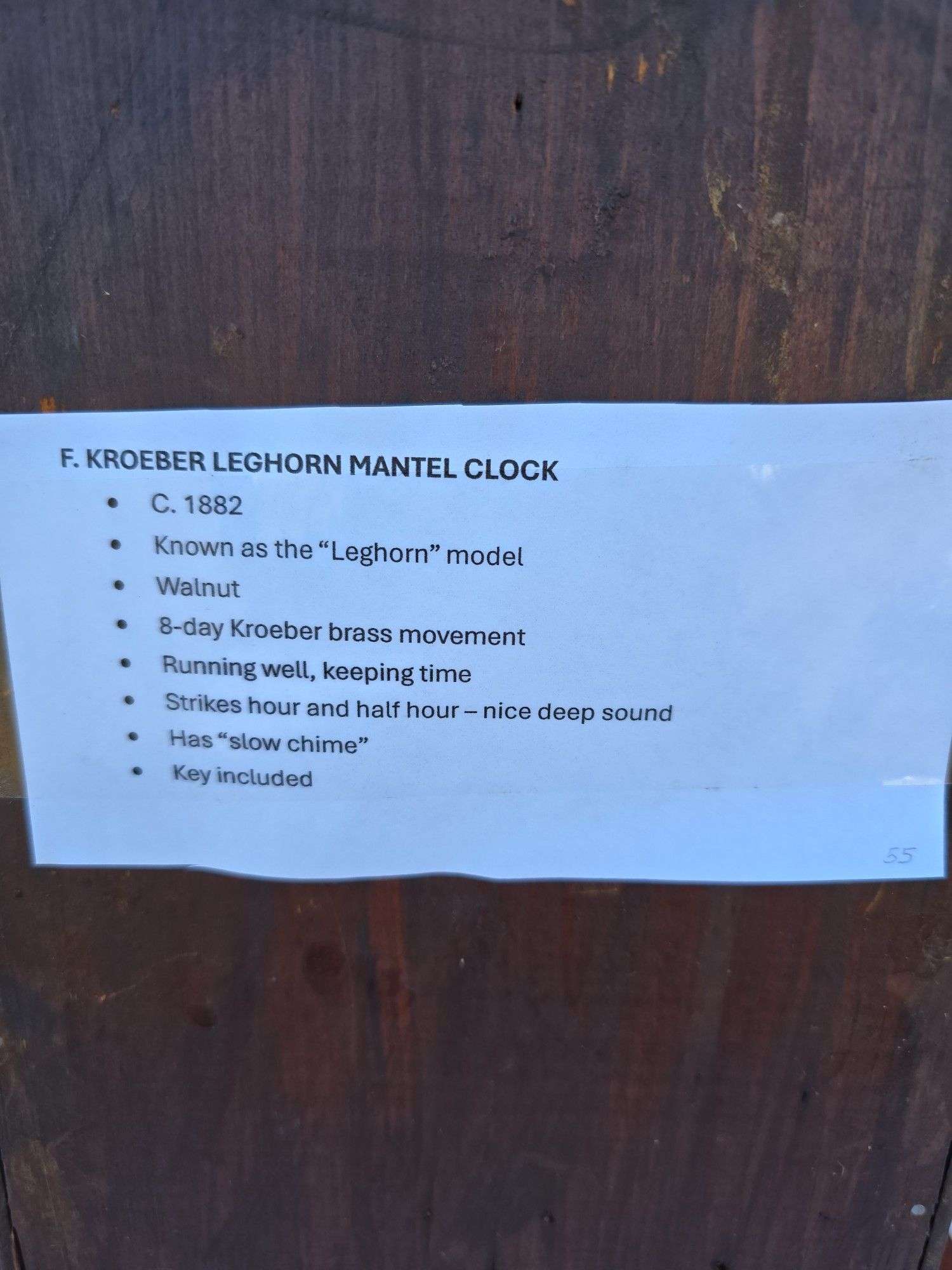 F. KROEBER LEGHORN 1882 WINDUP MANTLE CLOCK WORKS