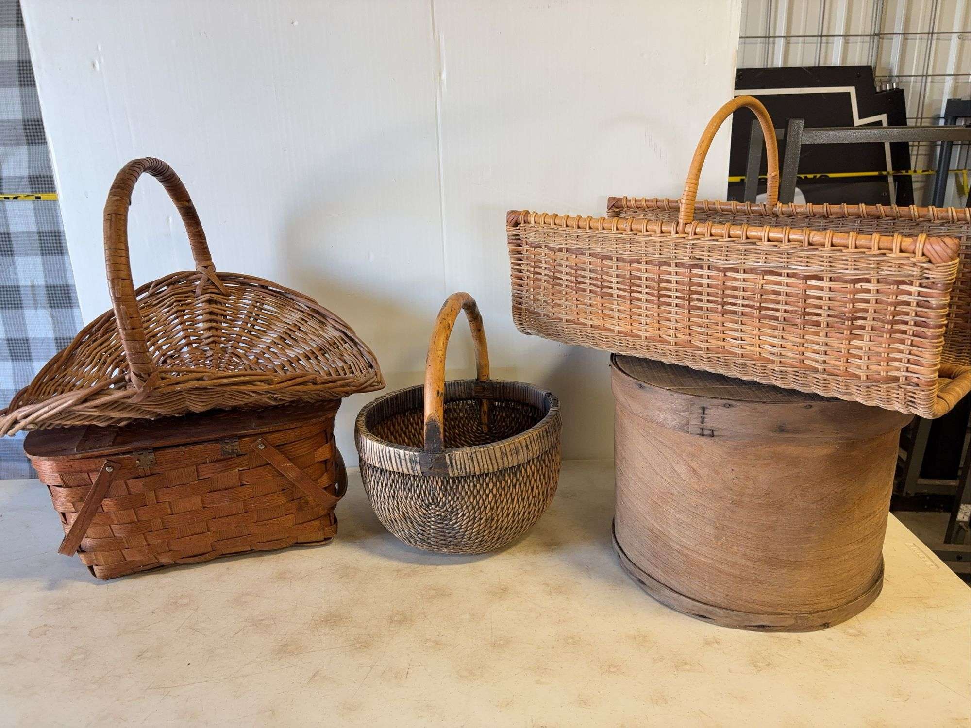 (4) baskets and wooden barrel - various types and sizes