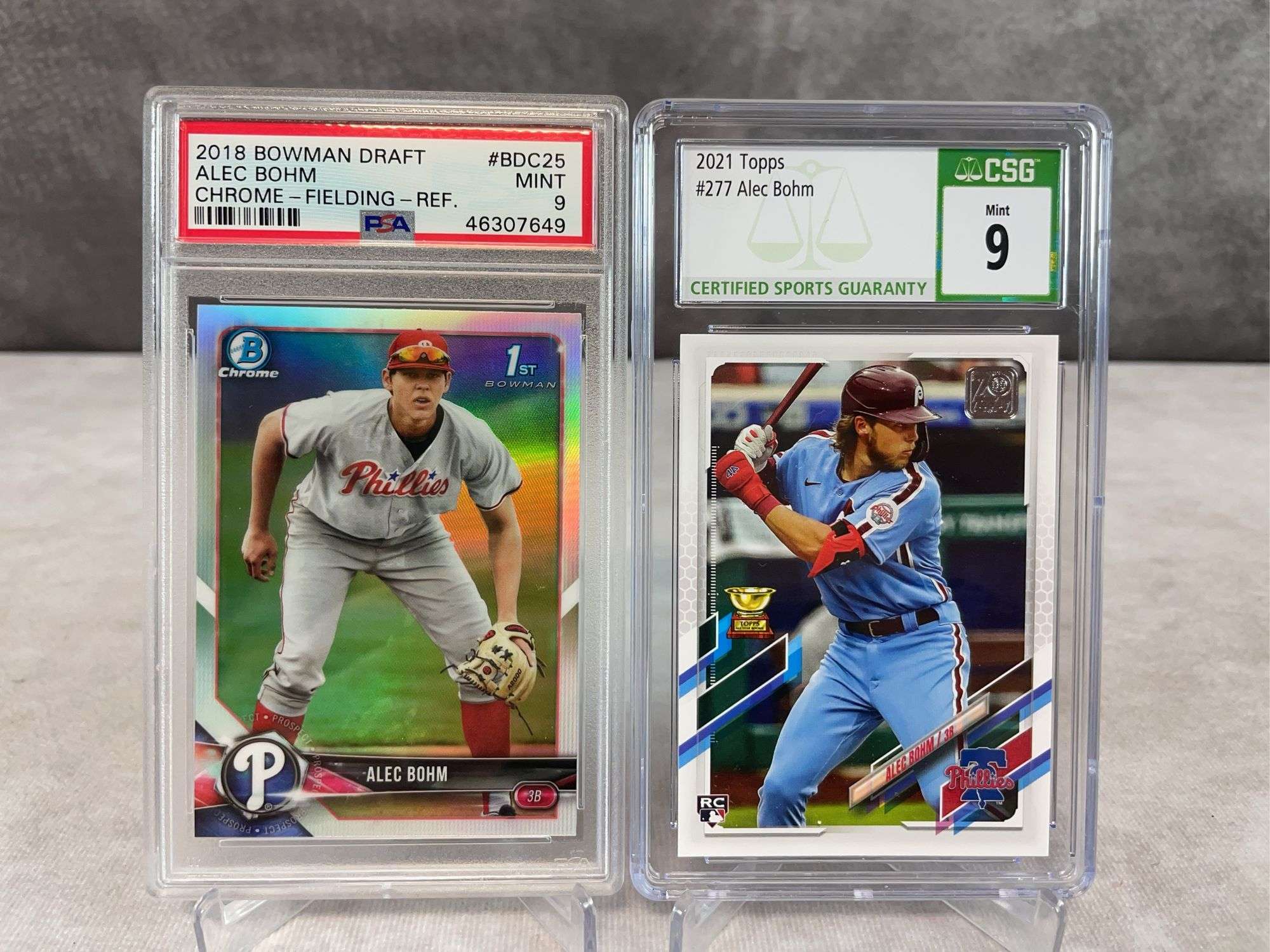 2018 Bowman Draft Chrome #BDC25 Alec Bohm 1st Bowman Refractor PSA 9 & 2021 Topps #277 Alec Bohm RC 