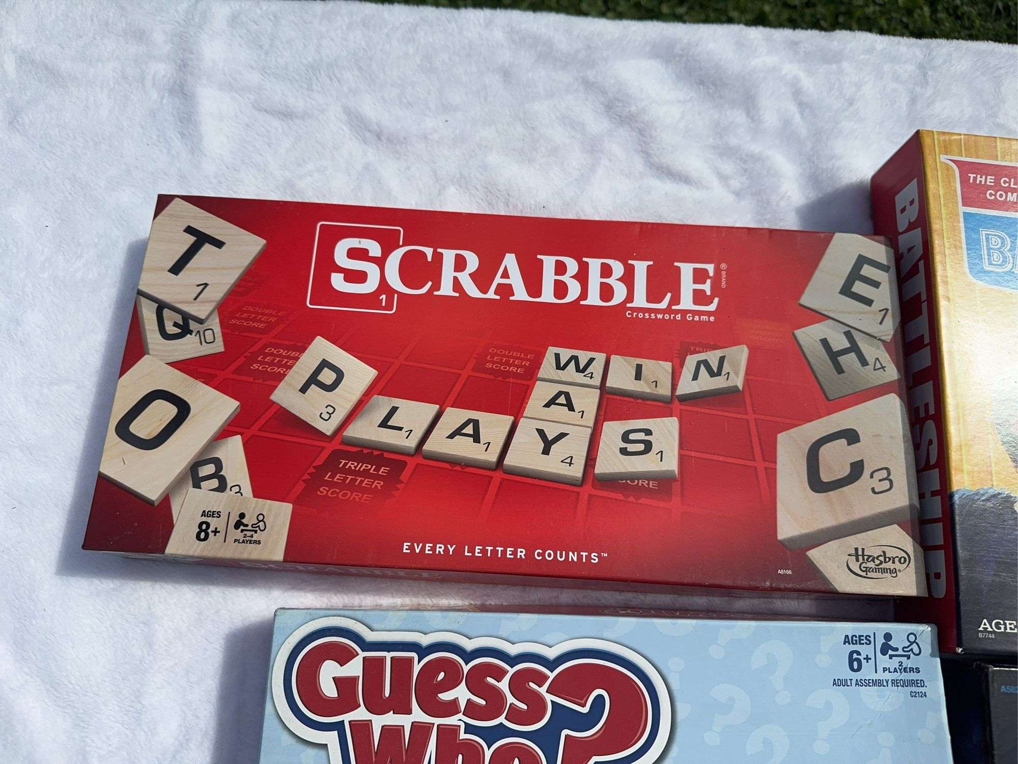 Scrabble, Clue, Guess Who?, and Battleship