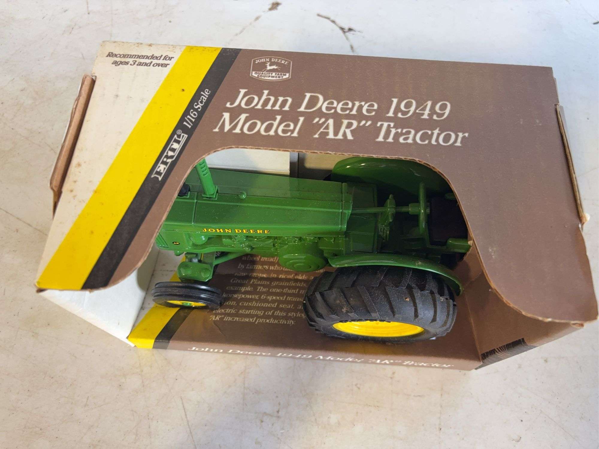 John Deere 1949 model diecast AR tractor - 1/16 scale, dirty