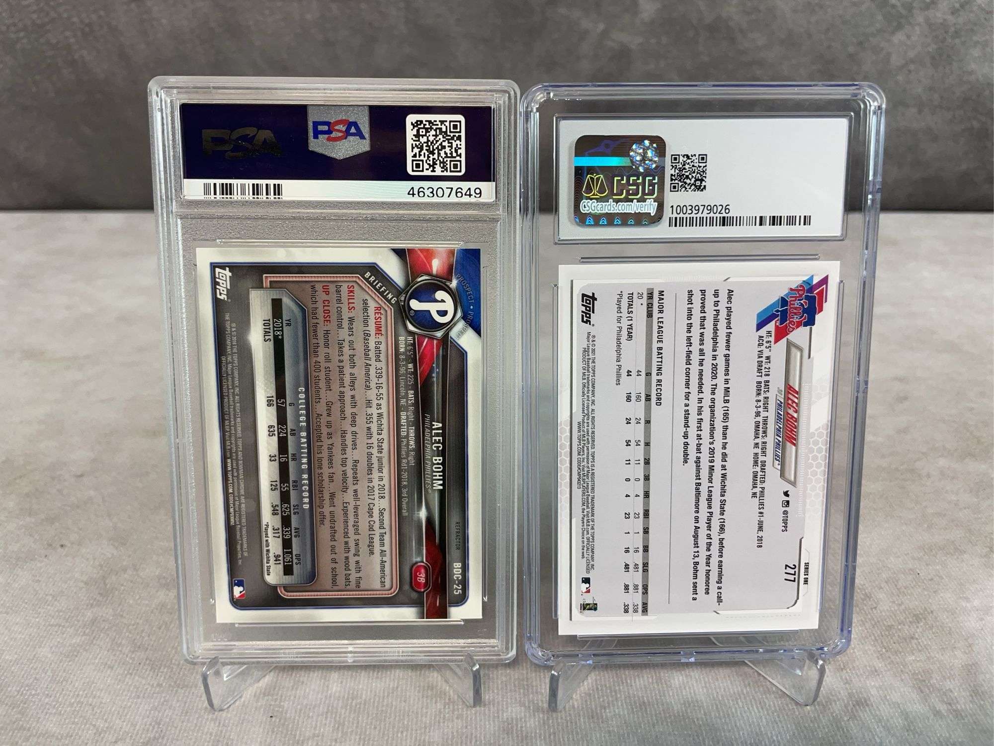 2018 Bowman Draft Chrome #BDC25 Alec Bohm 1st Bowman Refractor PSA 9 & 2021 Topps #277 Alec Bohm RC 