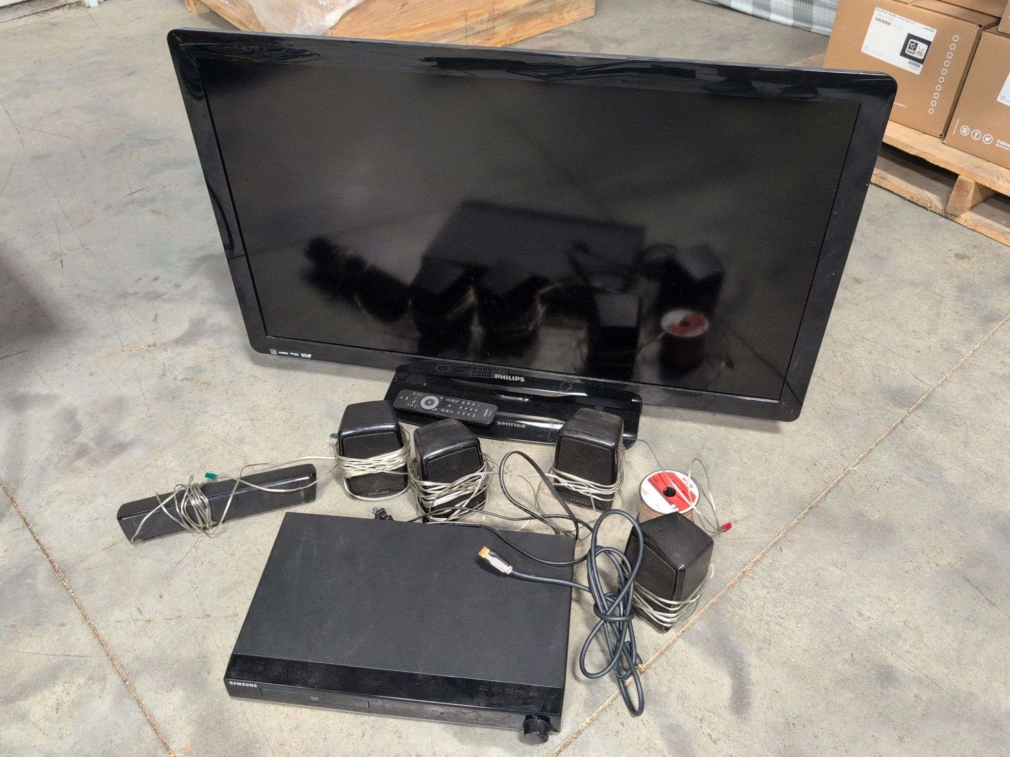 Phillips 40" TV - works, Samsung DVD player and surround sound speaker system
