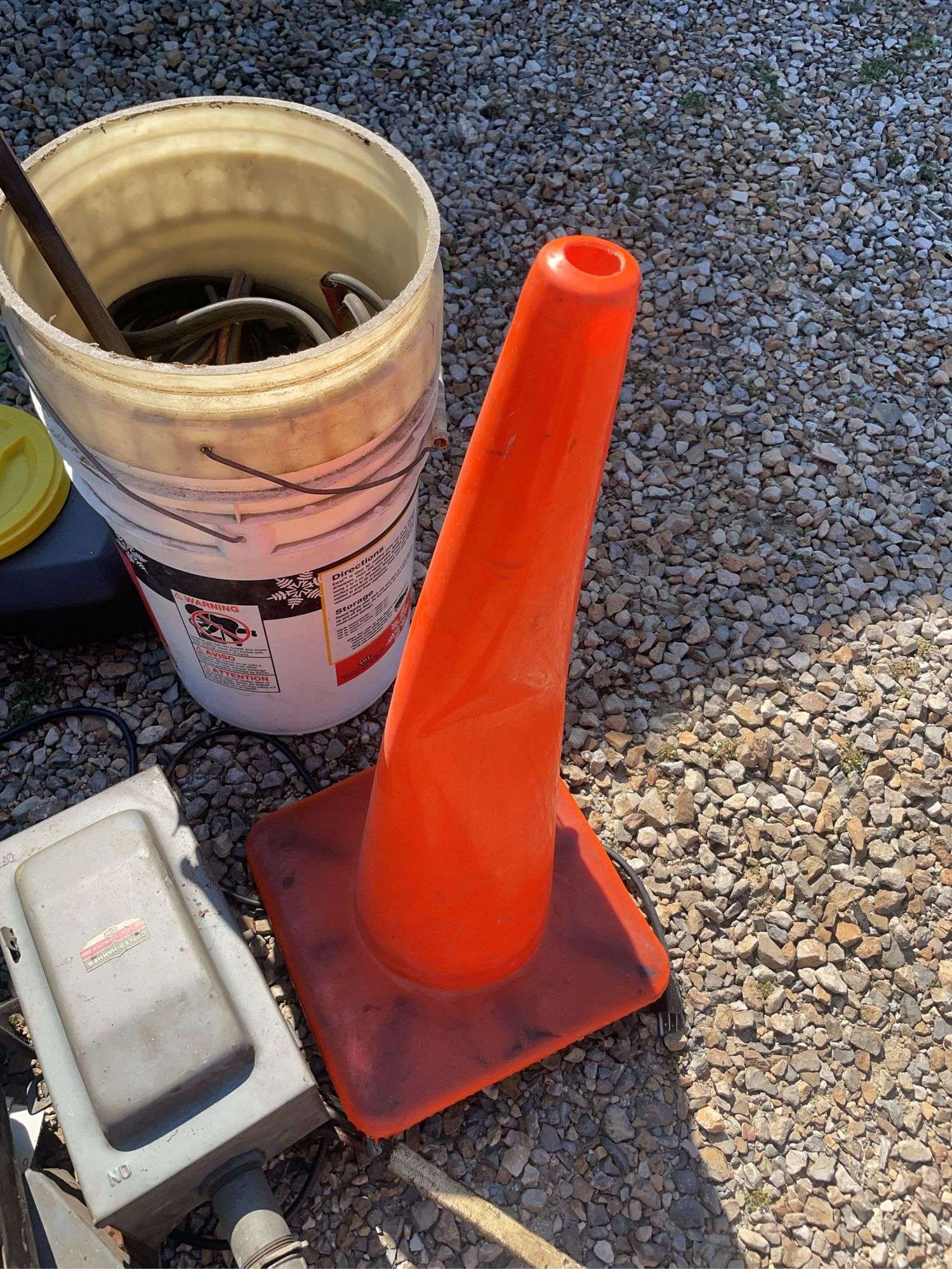 Cutler-Hammer electric boxes, Blitz oil drain, cone, buckets with jumper cables