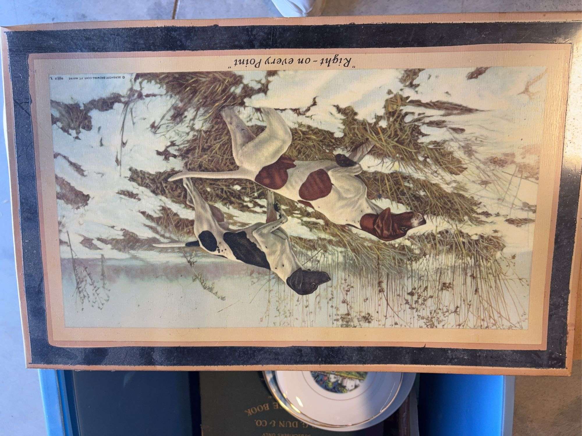 Tote of vintage items - plate, signs/pictures, and more