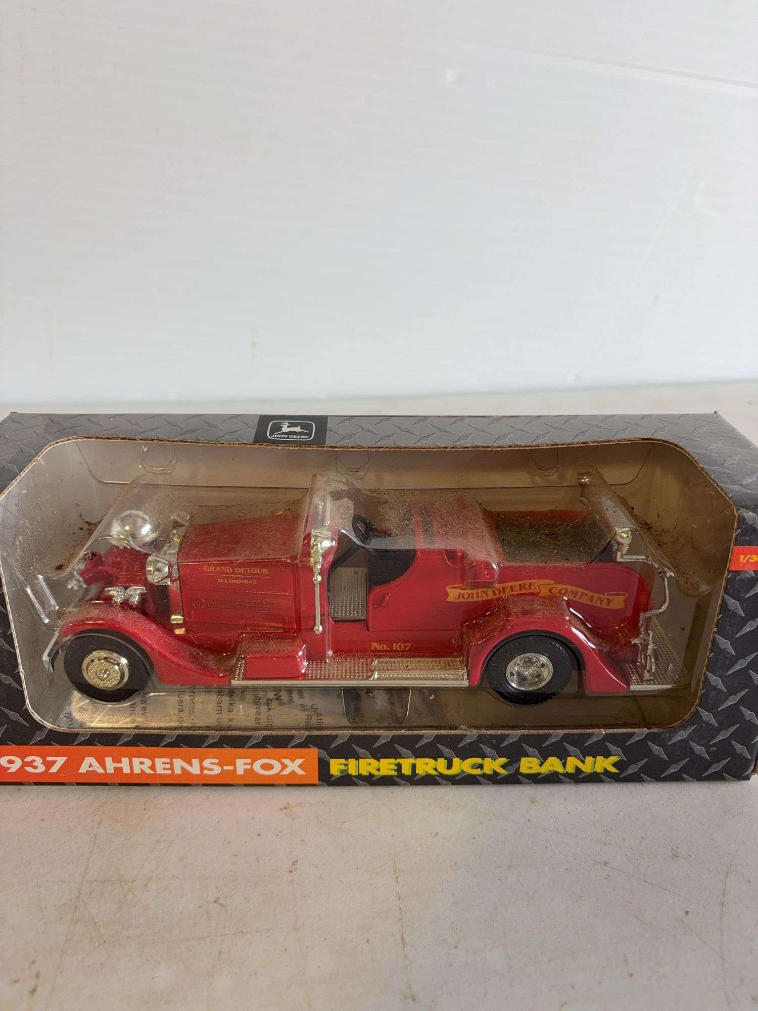 (2) 1937 John Deere firetruck banks - 1/30 scale, dirty boxes