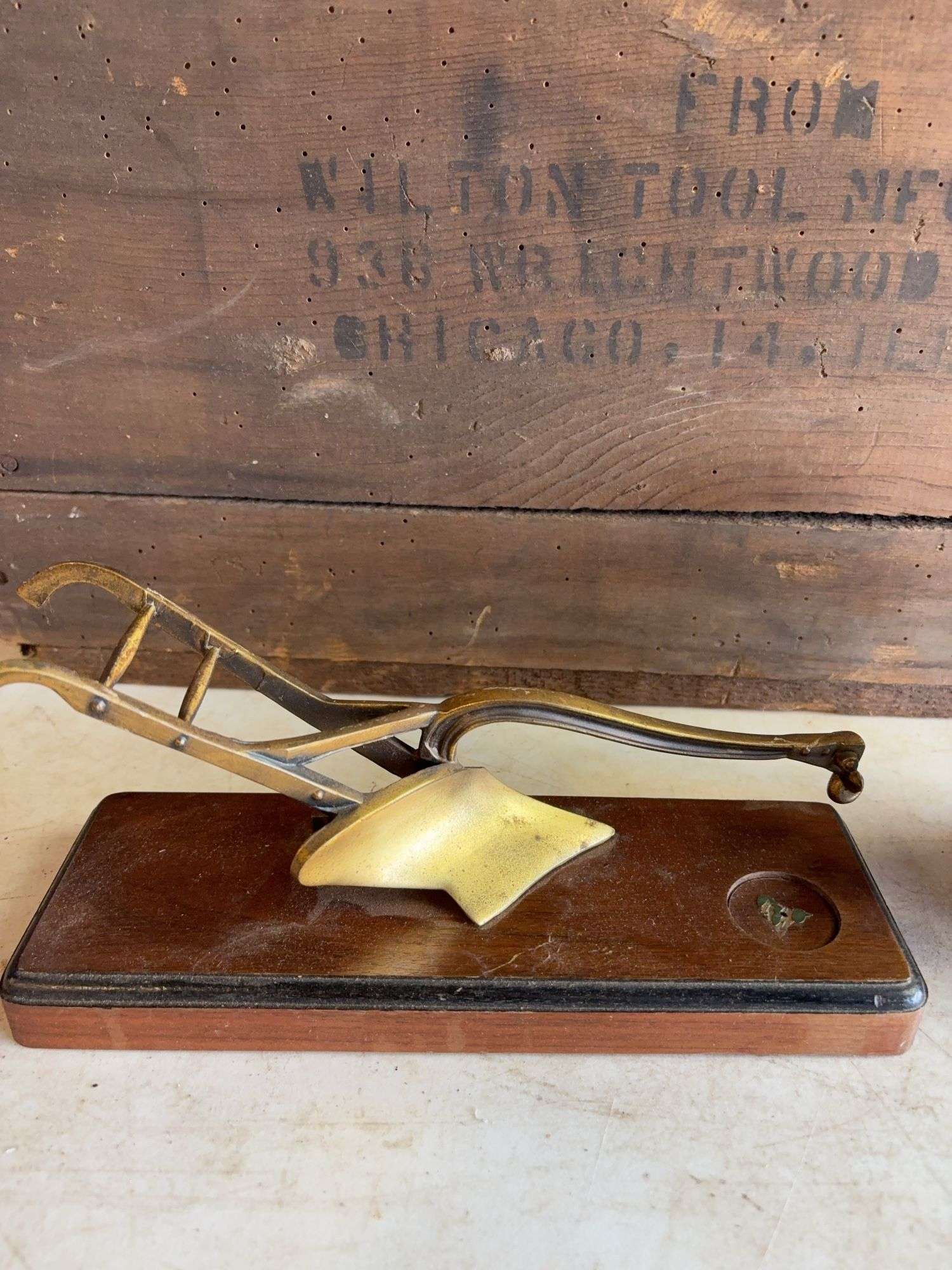 Crate with John Deere oil can, planer, and more