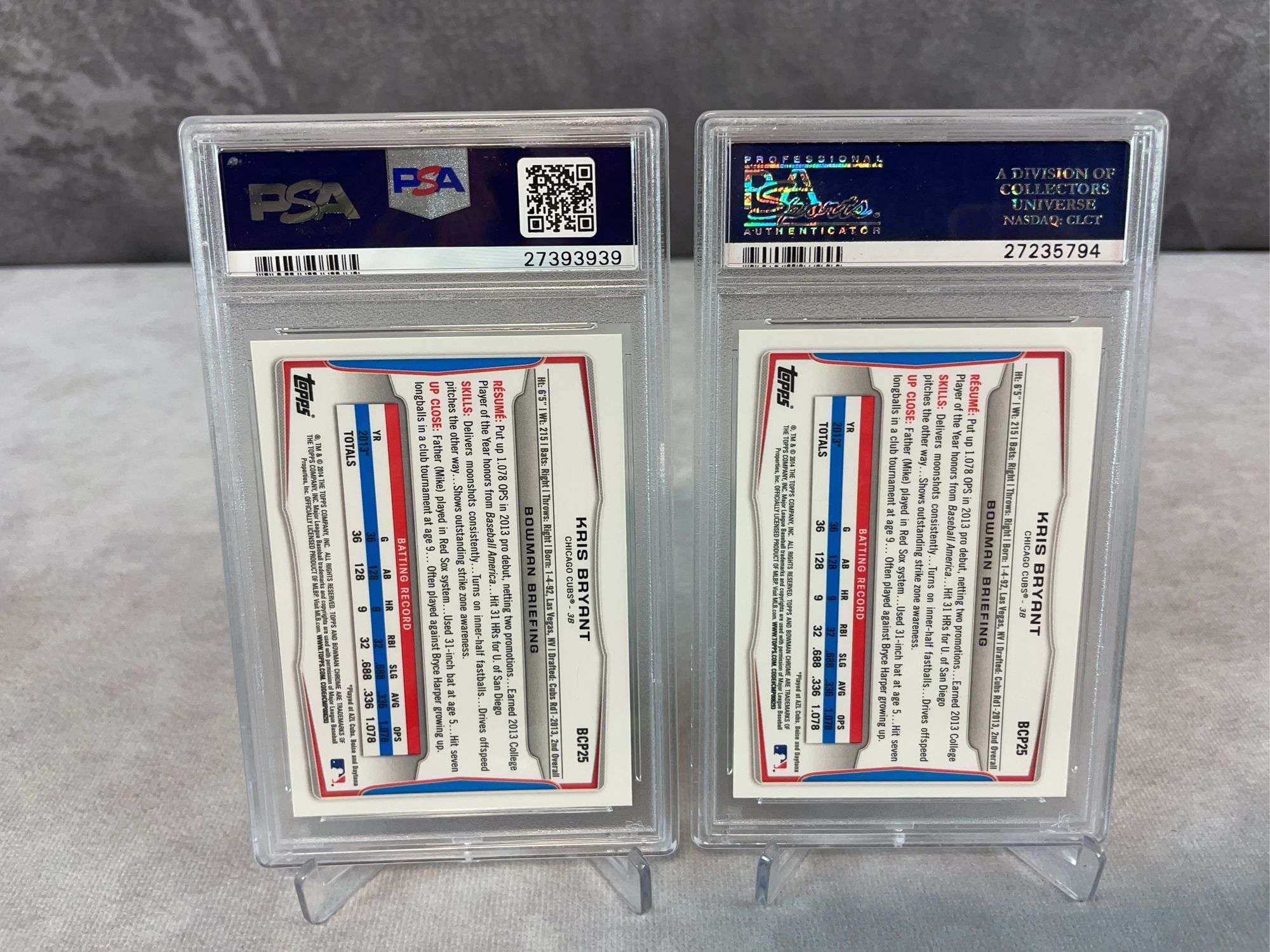 2 Card Lot - 2014 Bowman Prospects Chrome #BCP25 Kris Bryant 1st Bowman RC PSA 9 x2