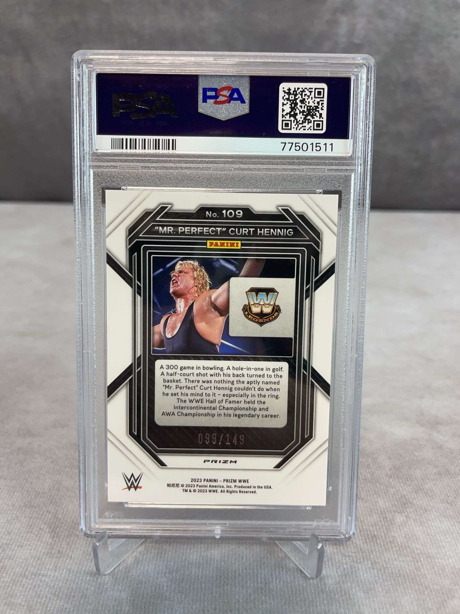 2023 Prizm WWE #109 Purple Prizm "Mr Perfect" #/149 PSA 10