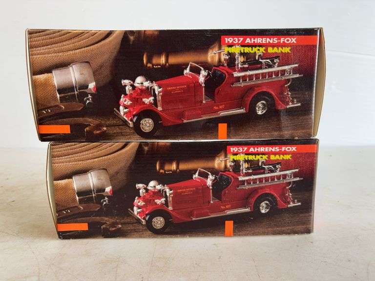 (2) 1937 John Deere firetruck banks - 1/30 scale, dirty boxes