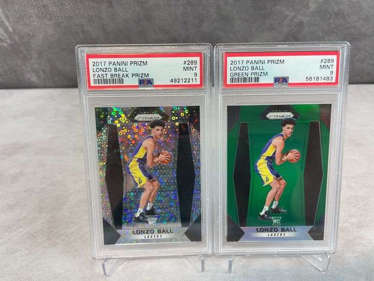 2017 Panini Prizm #289 Lonzo Ball RC Green Prizm PSA 9 & Lonzo Ball RC Fast Break Prizm PSA 9