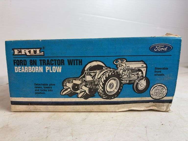 Ford 8N die-cast model tractor with Dearborn plow and other Ford tractor - 1/16 scale, dirty