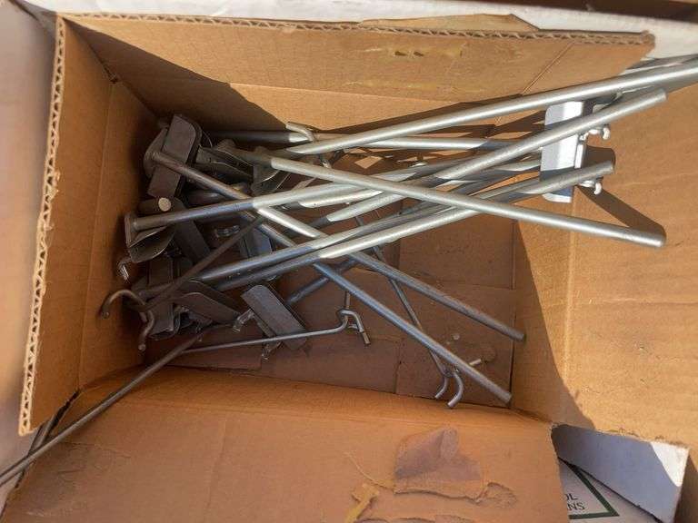 (2) boxes of hooks/shelving, mechanics chair and cord wheel