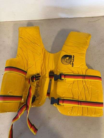 Bucket dolly, (2) life jackets, and string