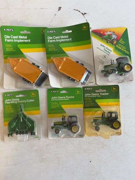 (3) John Deere model tractors, (1) rotary cutter, and (2) implements - 1/64 scale