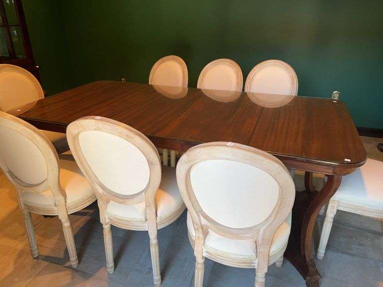 Tropical Hardwood Philippine Wooden Dining Table with Glass Top, Includes 8 White Wooden Upholstered