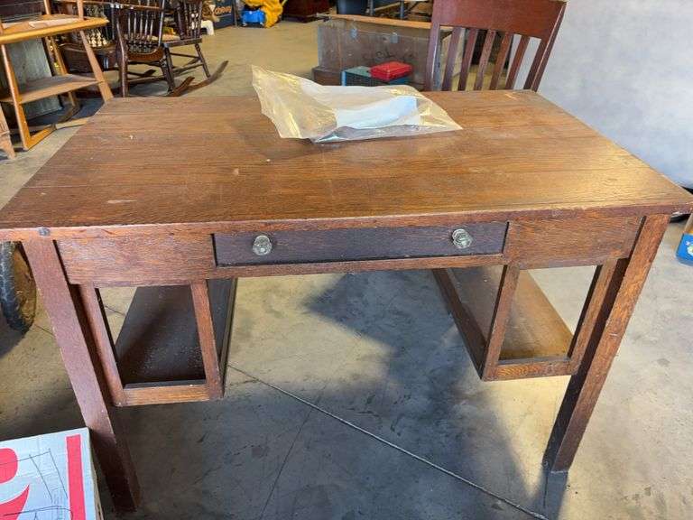 Wooden kneehole desk with chair