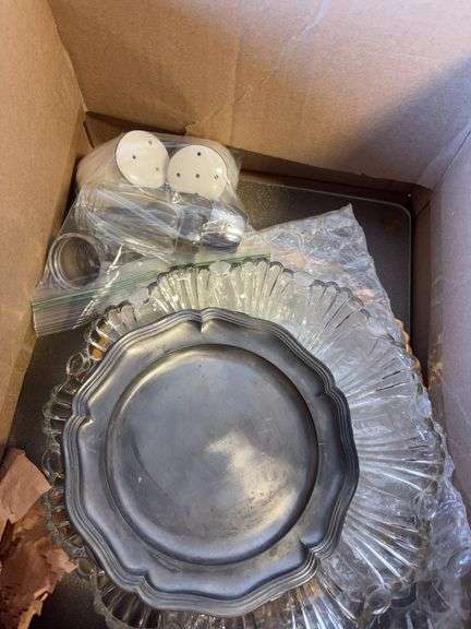 (2) boxes of glass dishes, cups, and more - pink depression, clear, and more