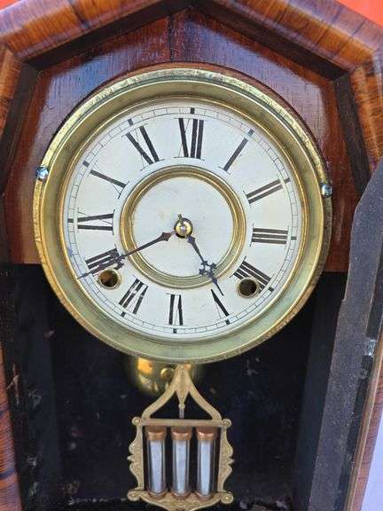 E.N.WELCH 1870'S WINDUP MANTLE CLOCK WITH SPECIAL PENDULUM, NO KEY, NEEDS ADJUSTED