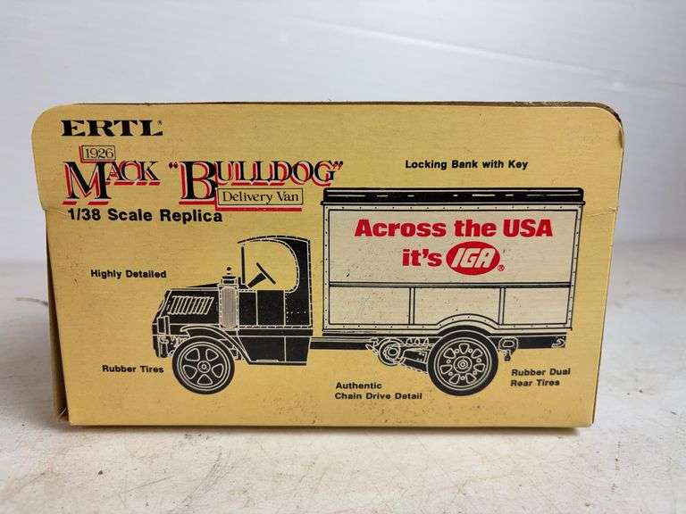 (3) Ertl diecast model car coin banks - '48 Chevy, '18 Ford, and '26 Mack "Bulldog" - (2) 1/25 scale