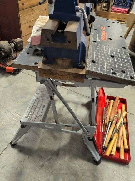 Fisch wood lathe machine, Black and Decker workmate, lathe bits, and woodworking tools