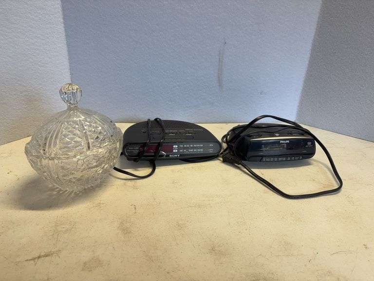 2 Clock Radios , Clear Glass Candy Dish, Hi Fi Stereo